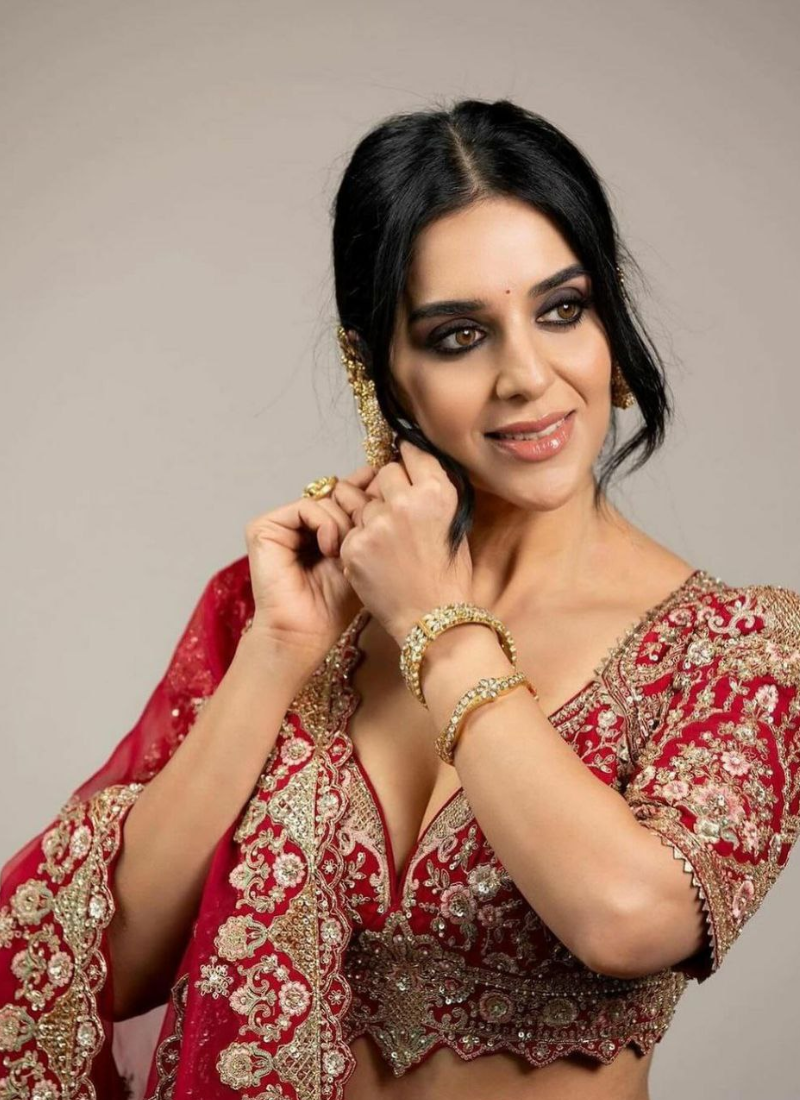 Red Malai Satin Bridal Lehenga Choli with Sequins Embroidery + Organza Silk Dupatta
