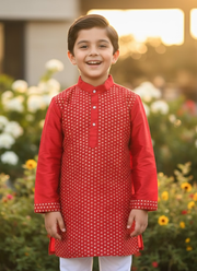 Kids Kurta Pajama – Red Silk Kurta with White Cotton Pyjama 7