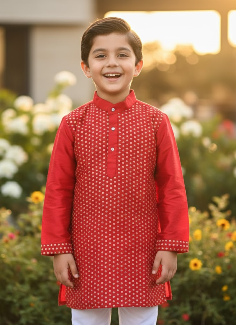 Kids Kurta Pajama – Red Silk Kurta with White Cotton Pyjama