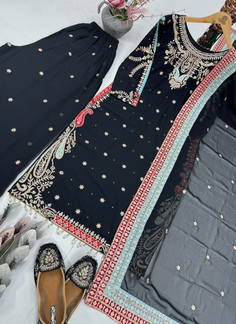 Black Georgette Shalwar Kameez with Sequins & Pearl Mirror Work + Dupatta