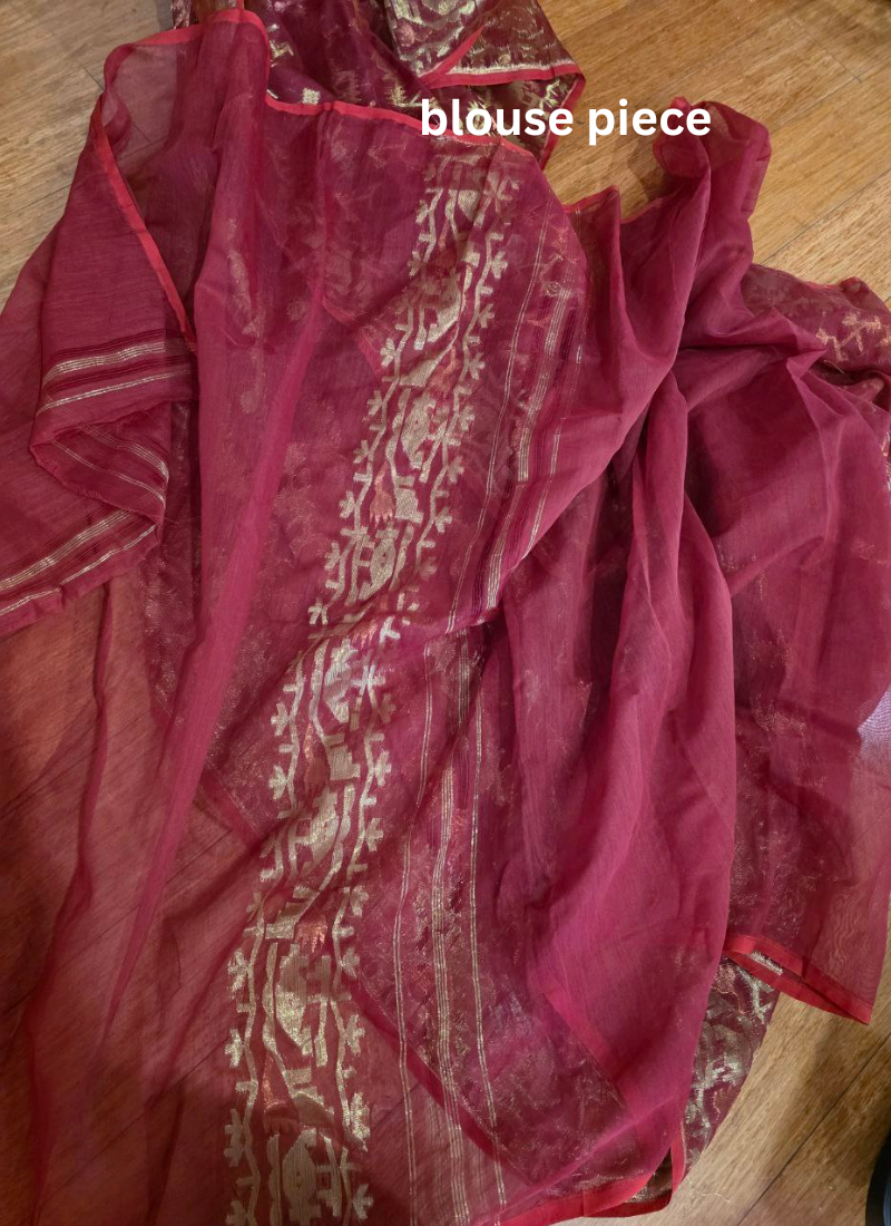 Dark Maroon Jamdani Saree with Mari Thread Work