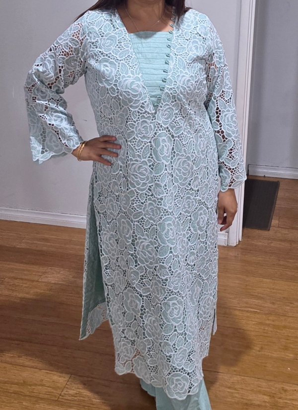 Light Pest Silk Chikankari Co‑Ord Set with Divider Bottom