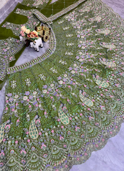 Mehendi Green Butterfly Net Lehenga Choli with Sequins & Coding Embroidery + Dupatta 4