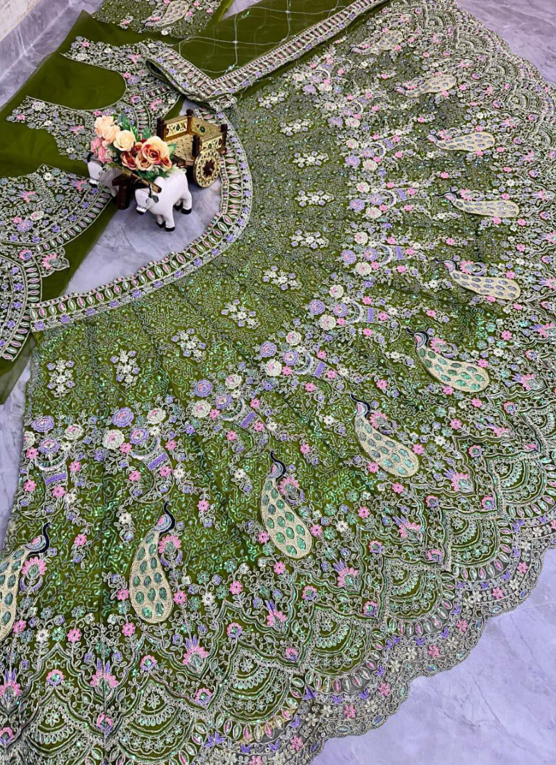 Mehendi Green Butterfly Net Lehenga Choli with Sequins & Coding Embroidery + Dupatta