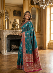 Sharnachura Silk Saree – Sea Green Zari with Blouse Piece 9