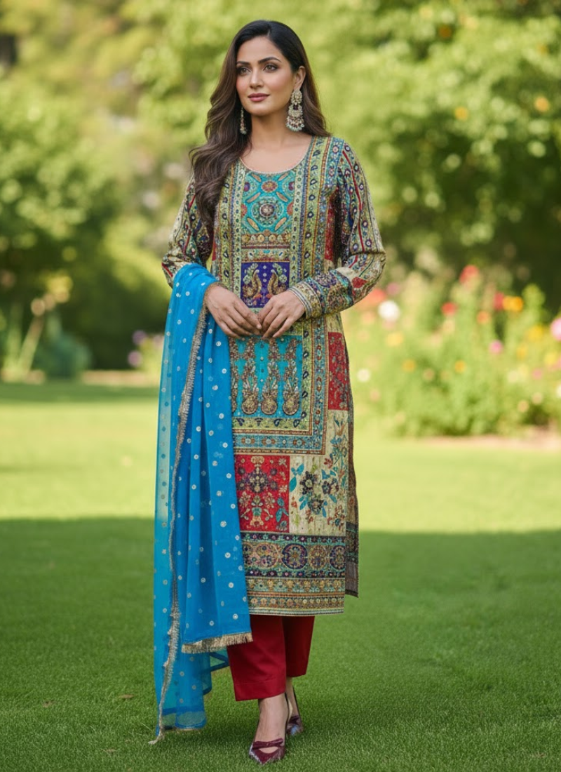 Pakistani Chinnon Salwar Suit with Hand Embroidery