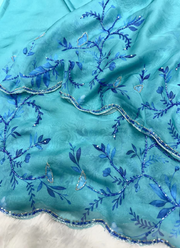 Aqua Blue Silk Saree with Floral Print, Beads & Katdana Handwork + Blouse Piece 9
