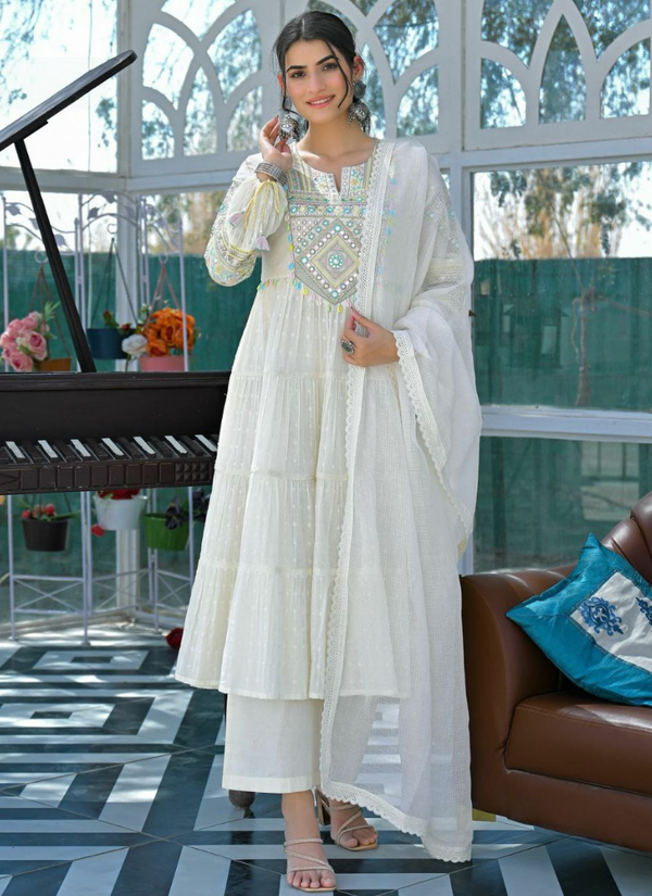 White Anarkali Gown in Flex Butti Cotton with Embroidery + Kota Dupatta