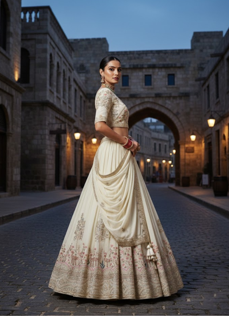 Pure Vichitra Embroidered Lehenga Choli Set