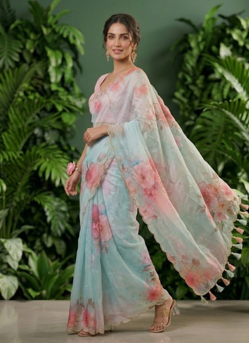 Pastel Maslin Saree with Pipe Sequins Hand Work