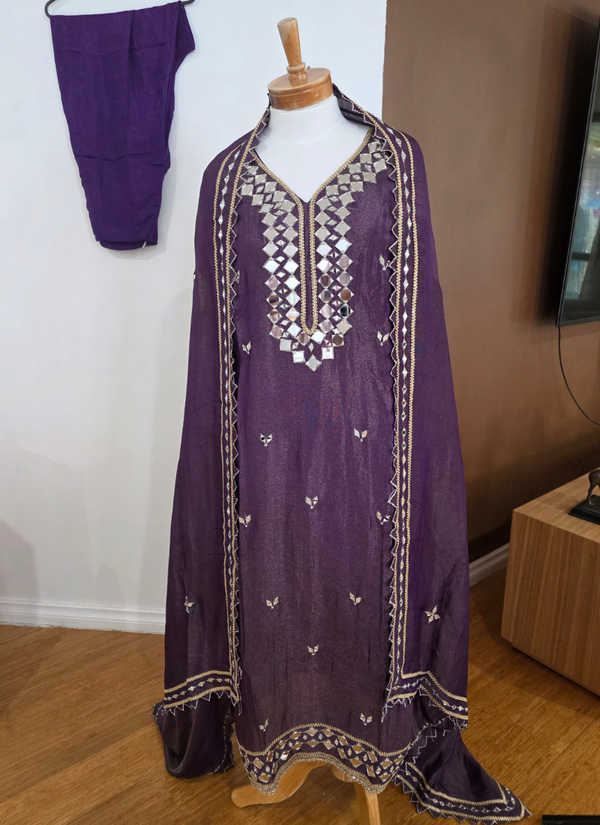 Dark Purple Shimary Silk Salwar Suit with Mirror Work