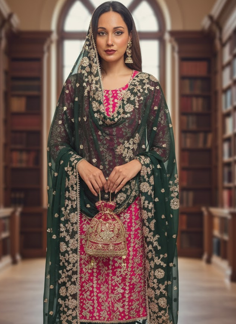 Pakistani Bandhini Chiffon Suit – Pink & Green Gota Patti Elegance