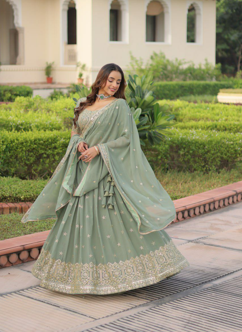 Faux Georgette Lehenga Choli with Sequins & Zari Embroidery + Lace Dupatta