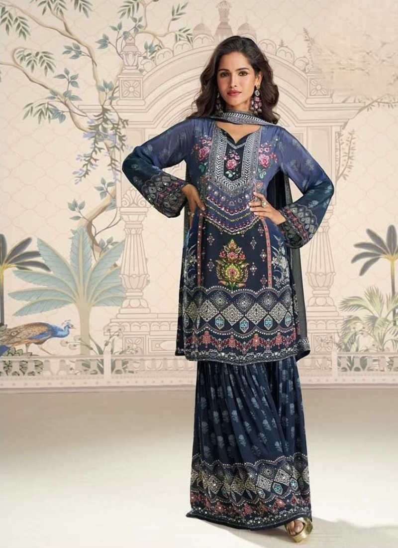 Deep Navy Blue Chinon Silk Sharara Suit with Mirror & Stone Work + Dupatta Australia