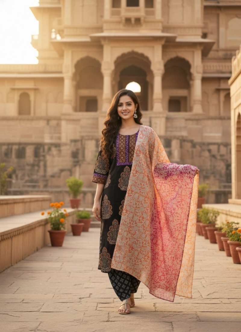 Cotton Block Printed Salwar Suit – Black & Orange