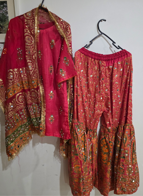 Kids Raw Silk Sharara with Block Print &amp; Mirror Work