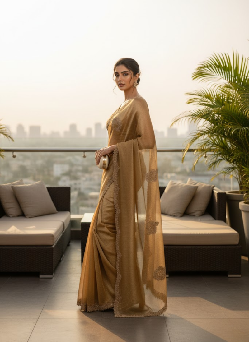 Pink Copper Silk Saree – Jarkhan Diamond Work with Matching Blouse