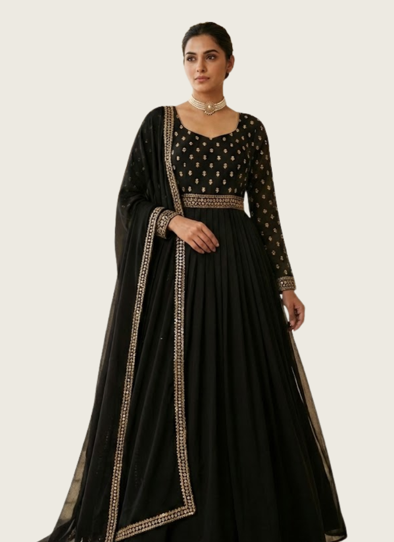 Black Anarkali Salwar Suit in Faux Georgette with Handwork & Diamond Lace Dupatta | Gleemiumfashion