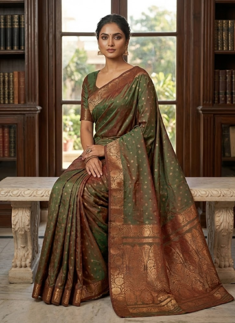 Green Katan Silk Saree with Zari and Blouse Piece