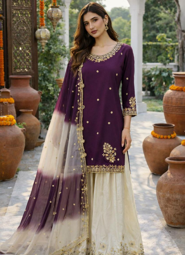 French Crepe Salwar Suit with Organza Dupatta