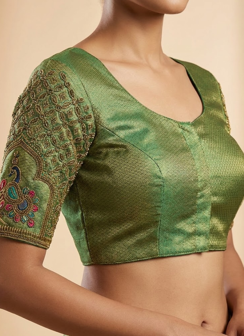 Elegant women’s blouse in Banarasi silk with handmade hooks, latkans, padded fit, and 12 inch sleeves.