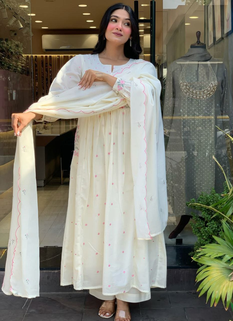 Mul Mul Cotton Punjabi Suit with Floral Embroidery & Scallop Dupatta