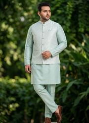 Indian Silk Kurta Pant Set with Jacquard Koti For Men 5