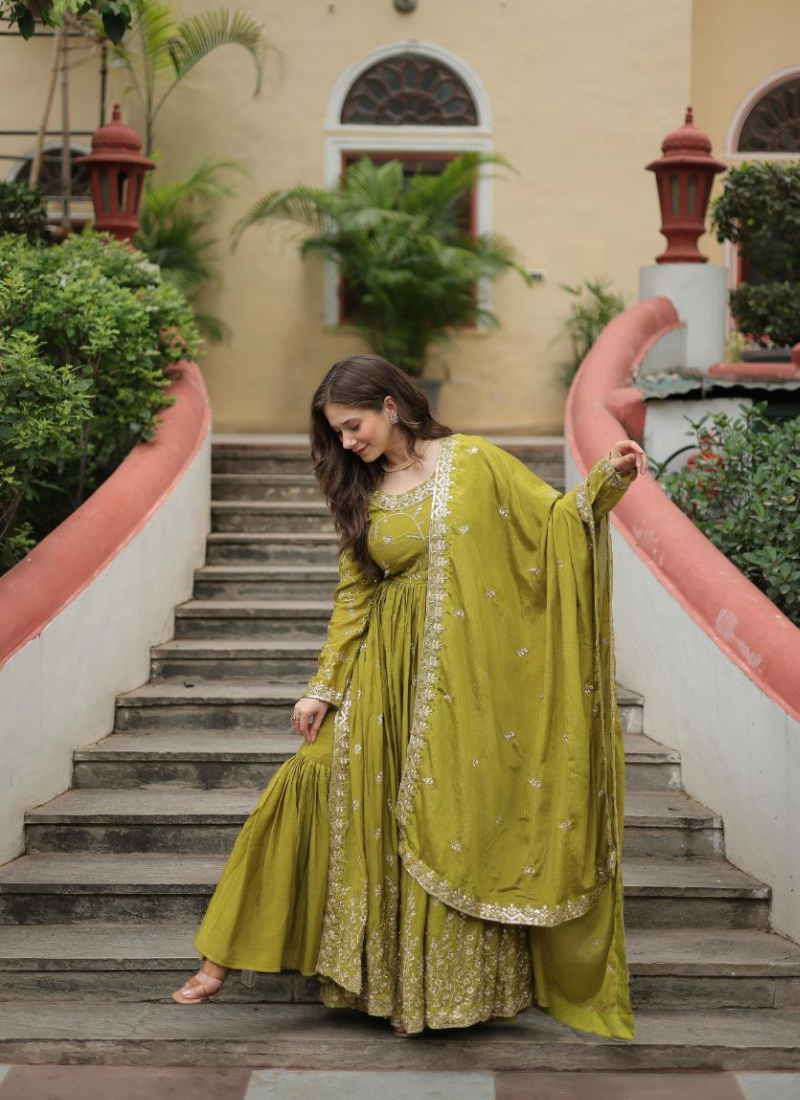 Parrot Green Anarkali Gown in Chinon with Sequins Embroidery + Sharara & Dupatta