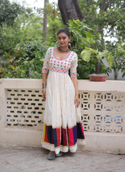 Roman Fabric Anarkali Dress with Multicolour Thread & Gota Lace Work 7