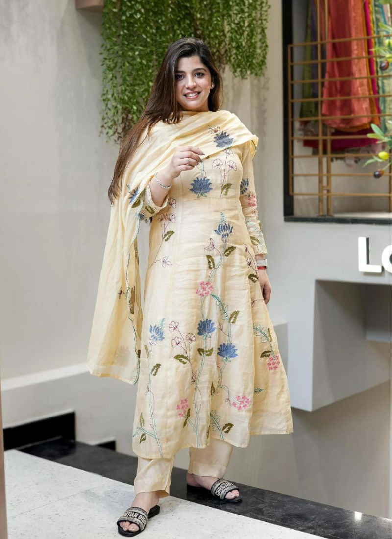 Cream Punjabi Suit in Chanderi Cotton with Embroidery + Dupatta