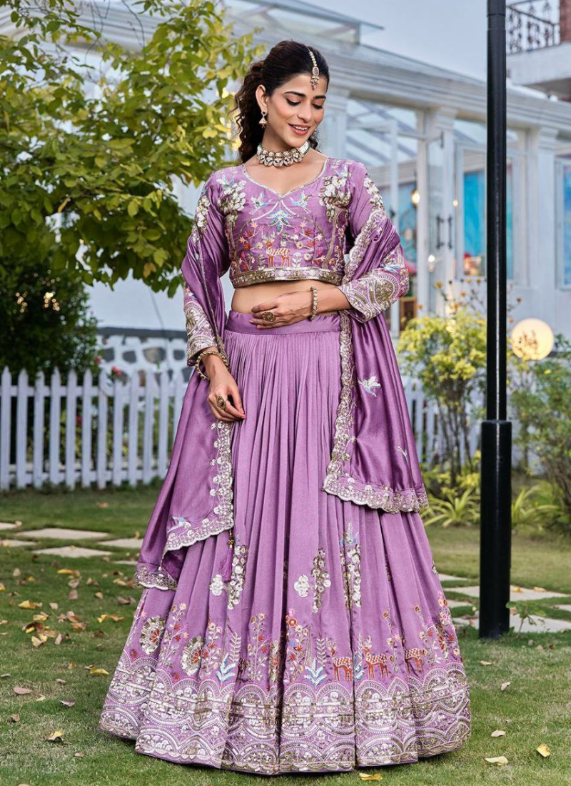 Pure Vichitra Embroidered Lehenga Choli Set - View 1