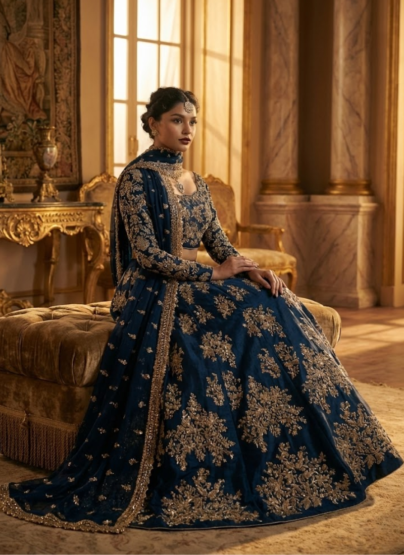 Heavy Chinon Silk Lehenga Choli with Sequins & Zari Embroidery + Lace Dupatta