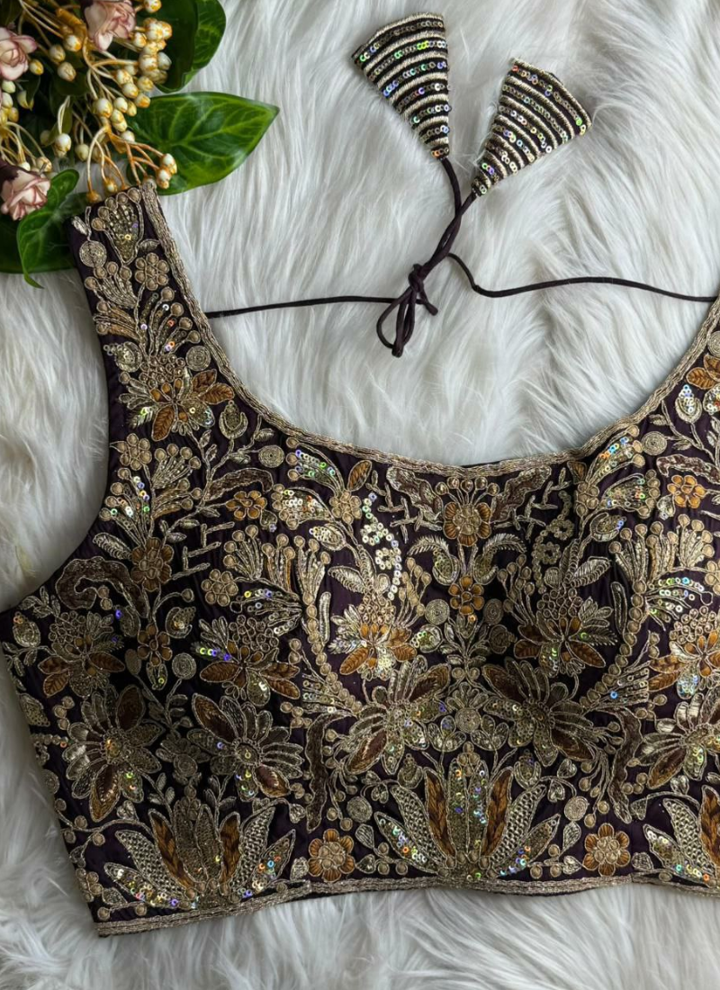 Elegant sleeveless blouse in velvet fabric, front open style with handmade hooks, partywear design.