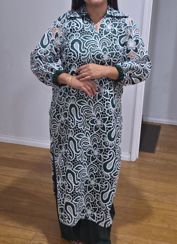 Bottle Green Silk Chikankari Co‑Ord Set with Divider Bottom