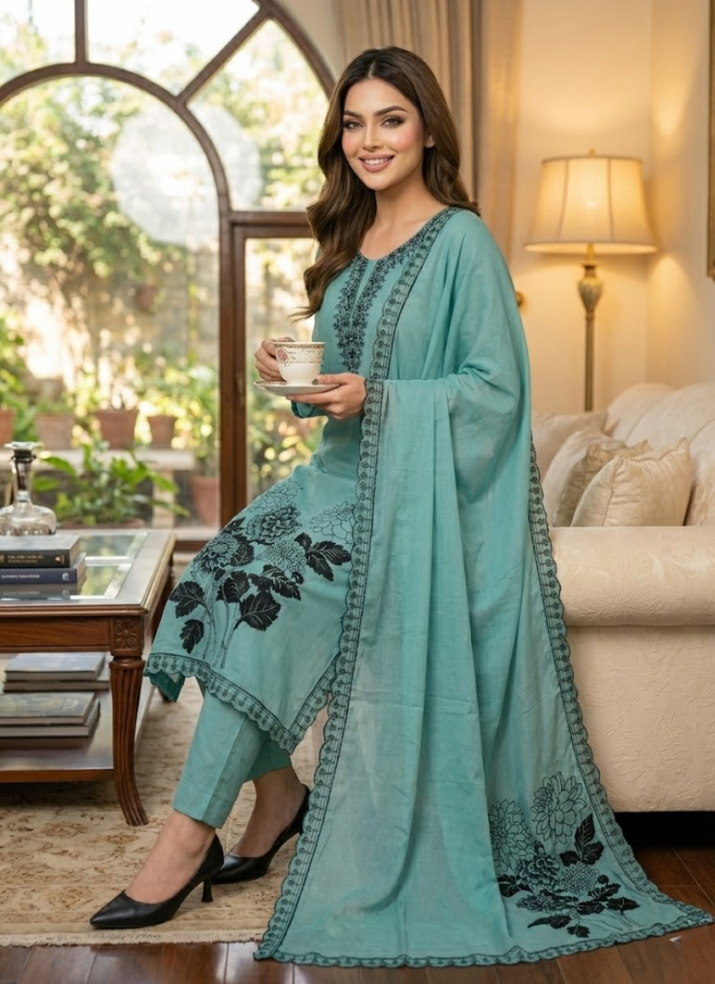 Pest Color Maslin Salwar Suit with Black Thread Embroidery