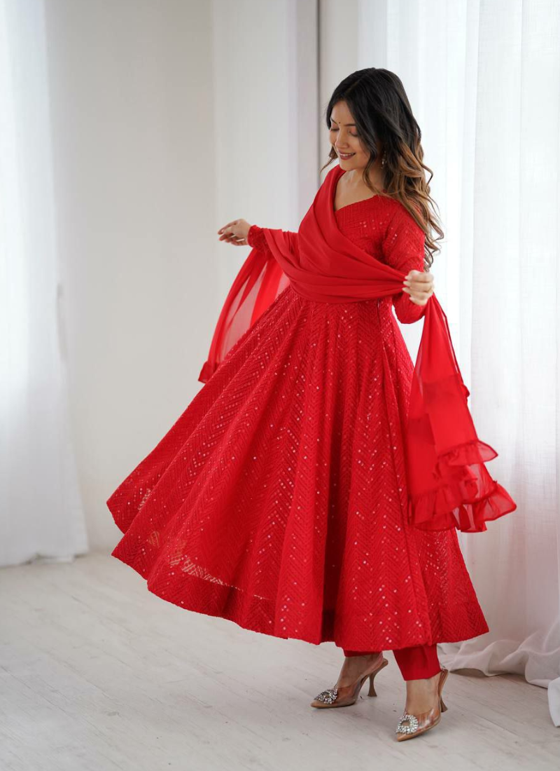 Red Fox Georgette Anarkali Suit with Sequins Work & Ruffle Dupatta