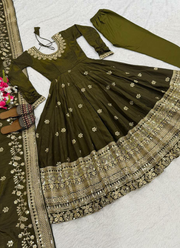 Vichitra Silk Anarkali Gown with Sequins Embroidery + Pant & Dupatta 9