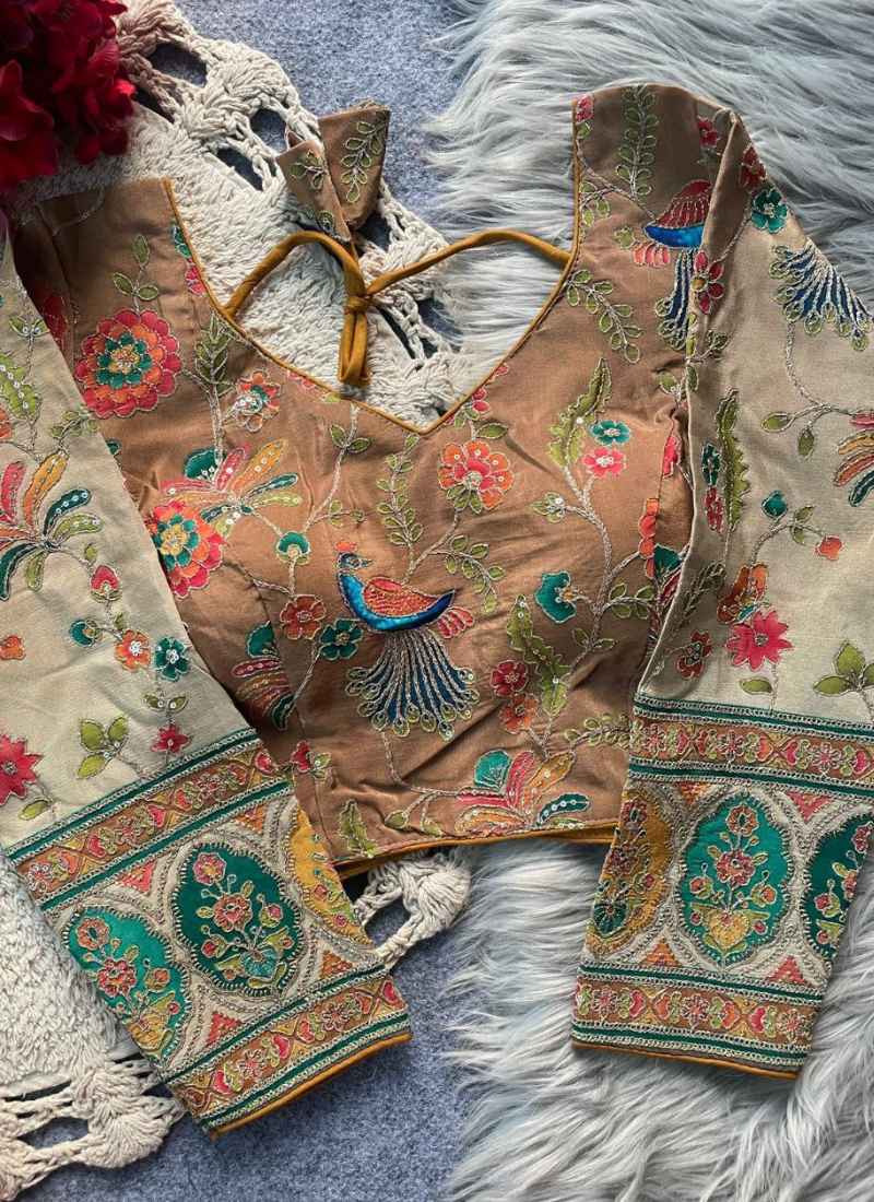 Exclusive wedding blouse in pure crepe with heavy Chinon print, 3/4 sleeves, padded fit, and back dori opening.