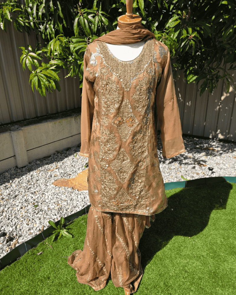 Brown Pakistani Dress – Embroidered Chiffon 4-Piece Set