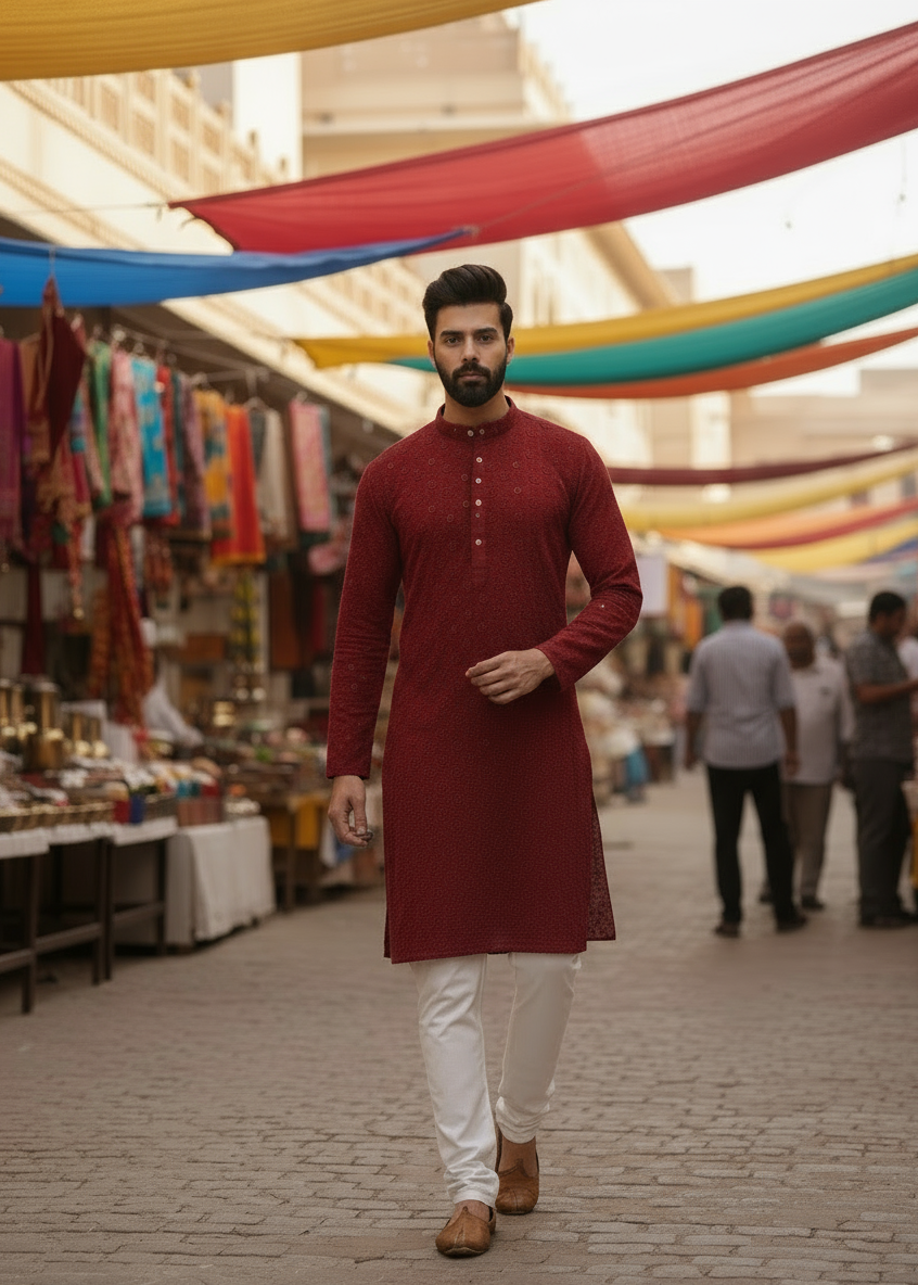 Men’s Kurta – Dark Red Linen Cotton with Embroidery