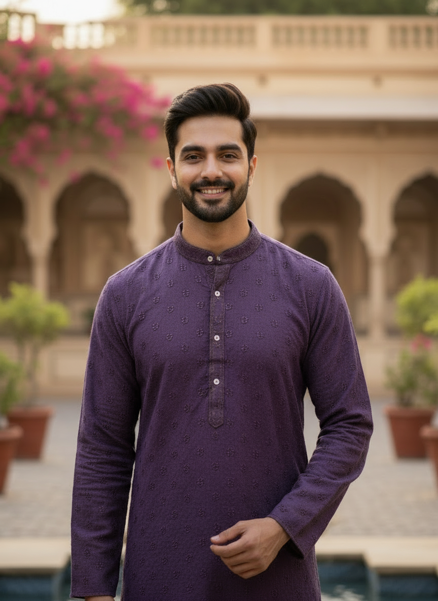 Men’s Kurta – Light Purple Linen Cotton with Embroidery