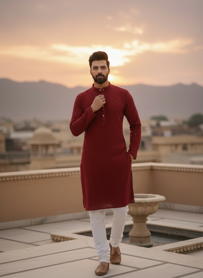 Men’s Kurta – Dark Red Linen Cotton with Embroidery