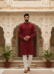 Men’s Kurta – Dark Red Linen Cotton with Embroidery 3