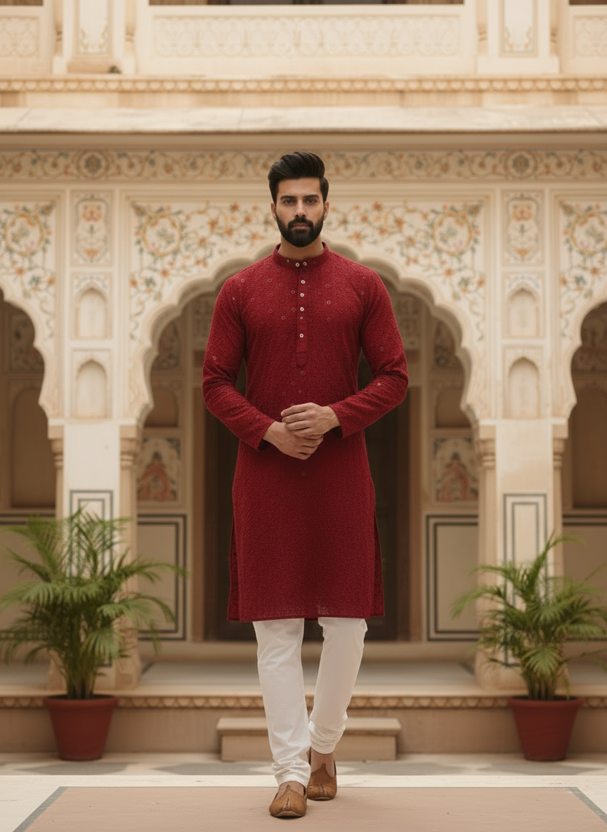 Men’s Kurta – Dark Red Linen Cotton with Embroidery