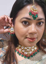 Kundan Necklace Set with Earrings & Tikka – Green & Red Beads 7