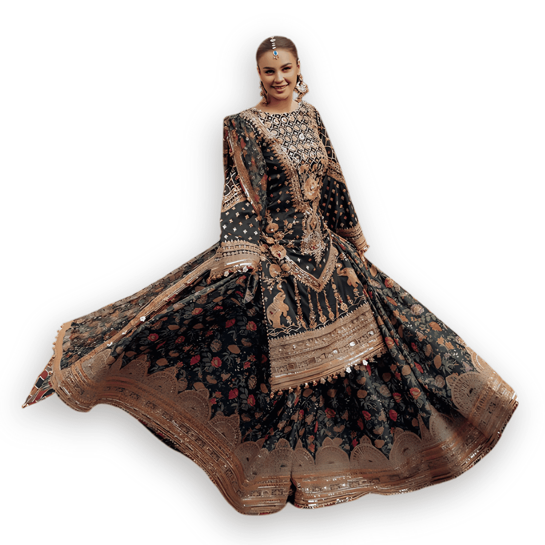 Pakistani Floral Printed Green Bridal Lehenga