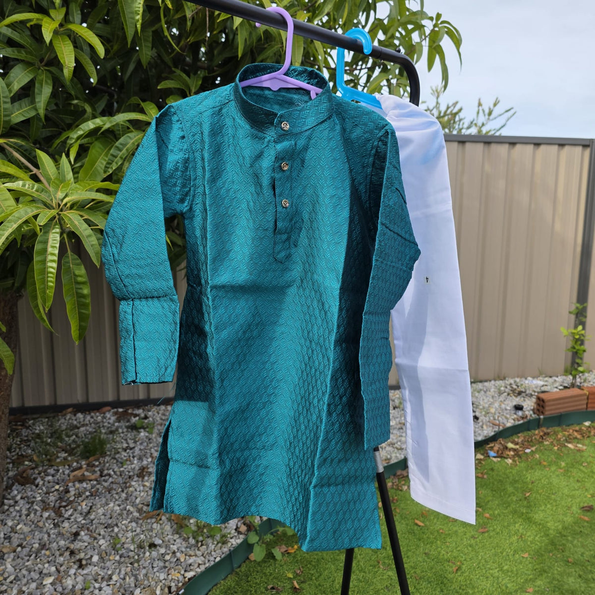 Sea Green silk kurta with white cotton pyjama – traditional boys outfit”