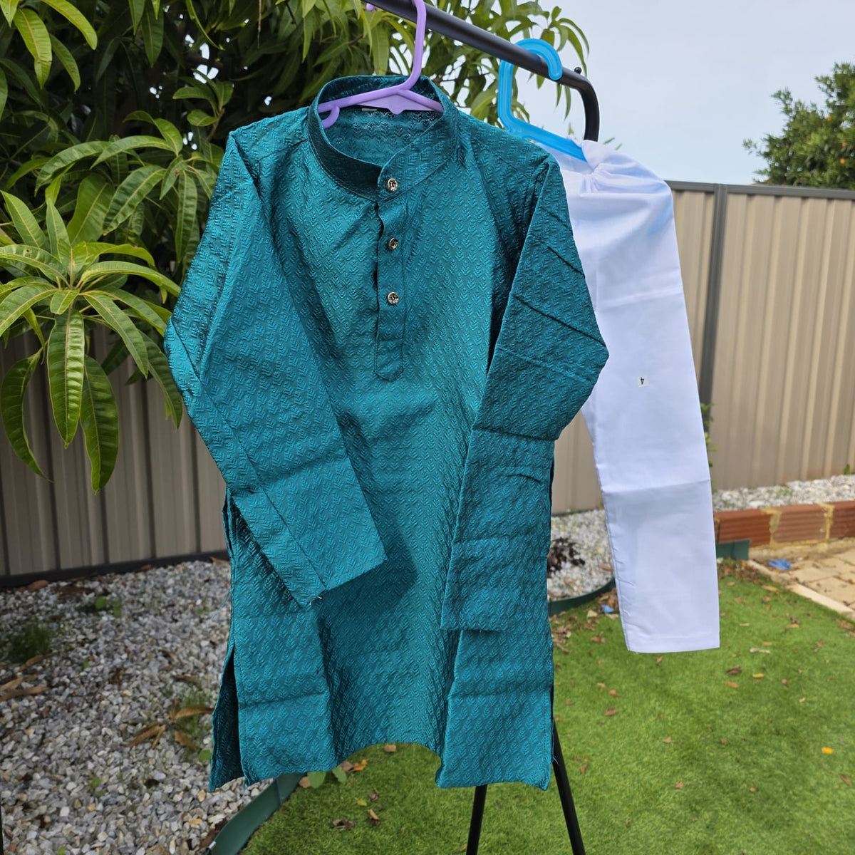 Sea Green silk kurta with white cotton pyjama – traditional boys outfit”