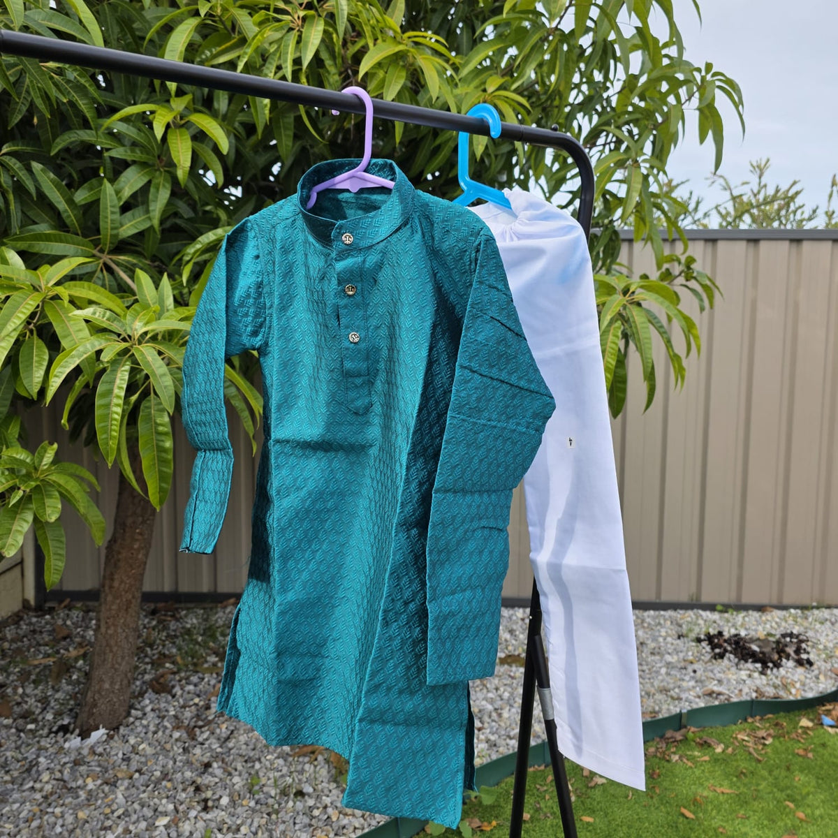 Sea Green silk kurta with white cotton pyjama – traditional boys outfit”