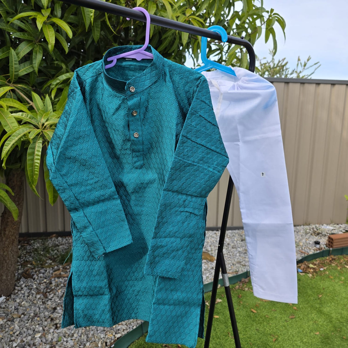 Sea Green silk kurta with white cotton pyjama – traditional boys outfit”